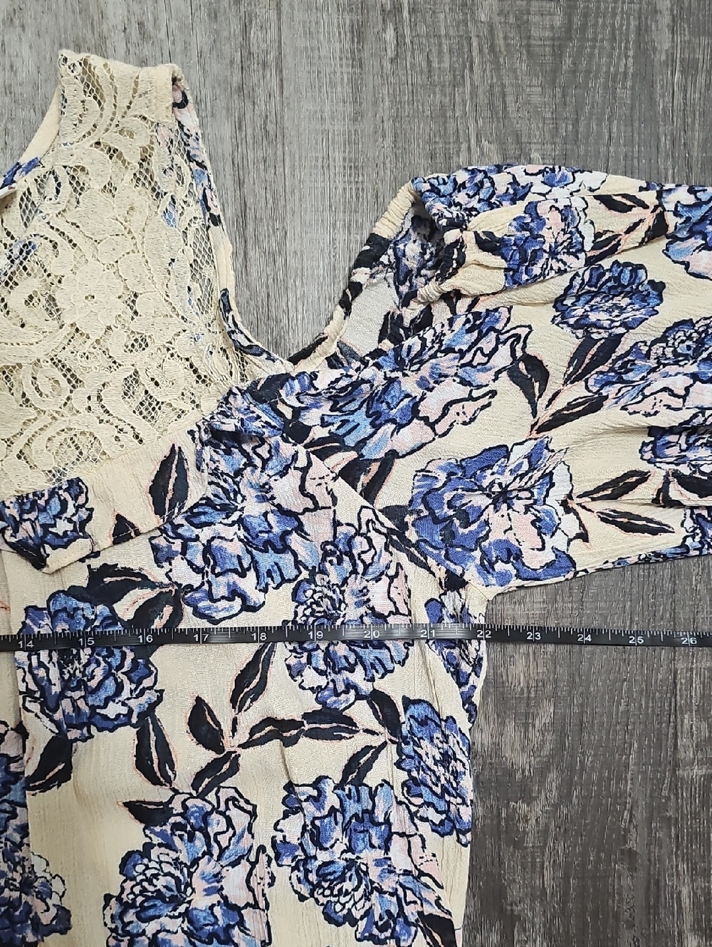 Shyanne Cream Cold-Shoulder Top with Blue Floral Print and Lace Yoke - Picture 6 of 8